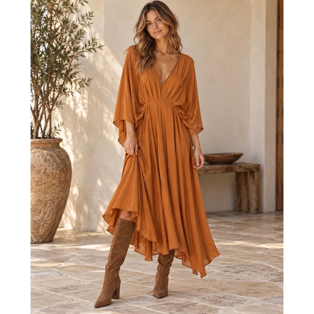 Easel NWT Size Large Rust Copper Batwing Sleeve Draped Boho Maxi Dress